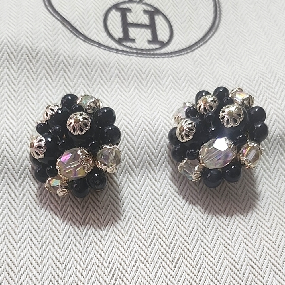 Japan made Black and Silver Floral vintage clip-on Earrings with Textured Design